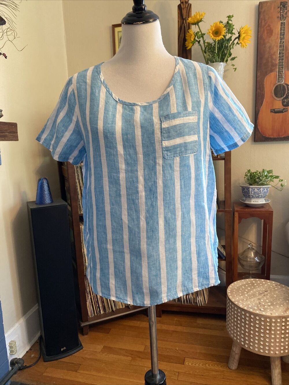 Christian Siriano S Teal 100% LINEN Flax Striped Front Pocket Tee Top Boxy SHIRT